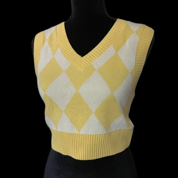 Jacquard-Knit Sweater Vest Pullover Checkered Yellow Crop Top Size S - Picture 2 of 6
